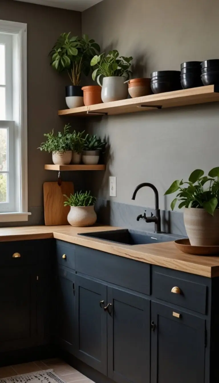 35 Boho Kitchen Black Cabinet Ideas to Elevate Your Space 3 1. Black Cabinets Paired with Open Shelving