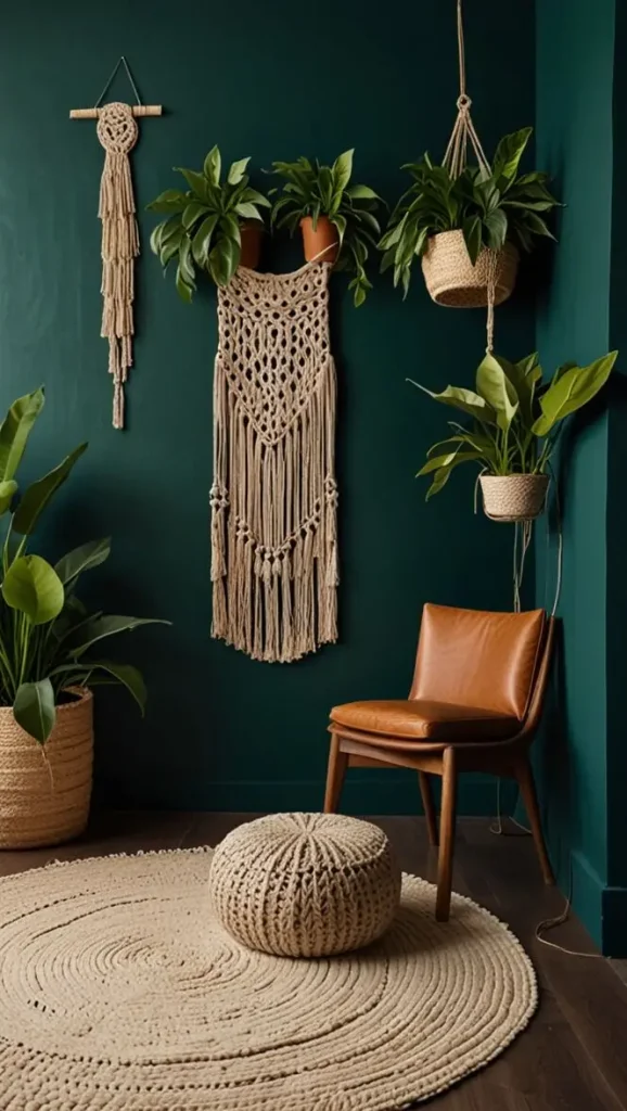 19 Stunning Boho Living Room Green Accent Wall Inspirations 3 1. Discover Depth with a Dark Green Boho Living Room Green Accent Wall