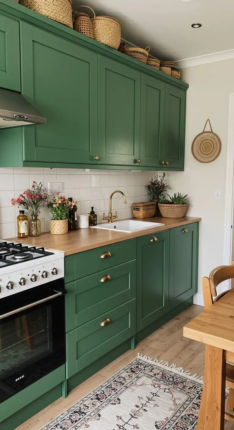21 Stunning Emerald Green Boho Kitchen Inspirations 3 1. Emerald Green Cabinets