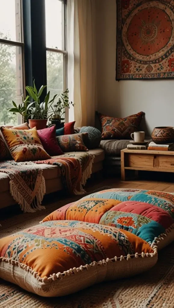 23 Comfy Boho Living Room Floor Seating Ideas for a Relaxed Space 3 1. Layered Cushions for a Plush Lounge