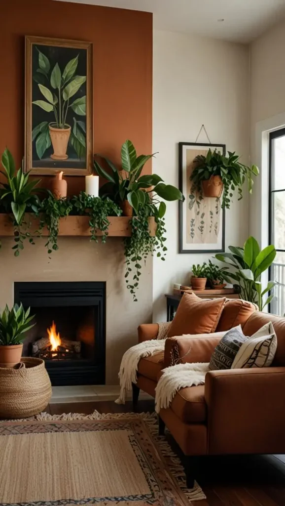 34 Stunning Boho Living Room Fireplace Decor Ideas to Inspire 2 1. Lush Greenery Overload