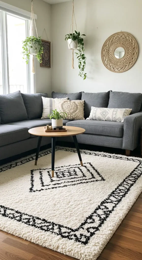 Chic Boho Living Room Rug Ideas for a Grey Couch – 35 Inspiring Looks 2 1. Moroccan-Style Shag Rugs