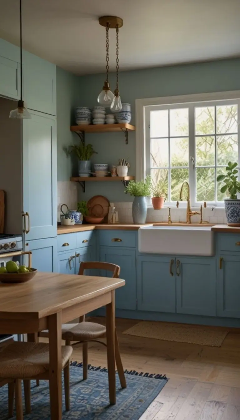 32 Boho Kitchen Blue Color Schemes for a Chic, Vibrant Look 3 1. Soft Pastels Paired With Warm Wood