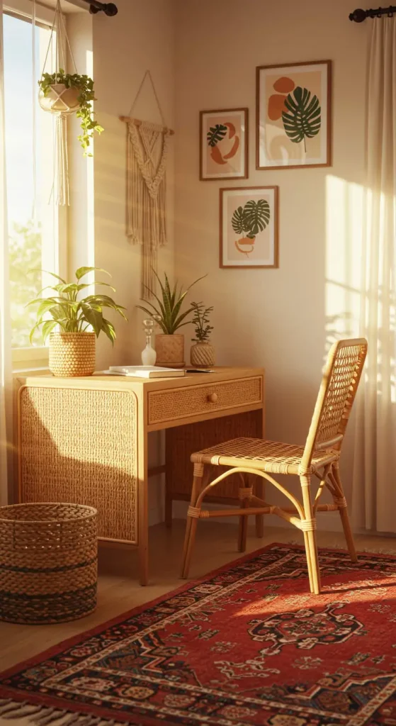 19 Stylish Boho Living Room Office Combo Setups 2 1. The Rattan Wonderland