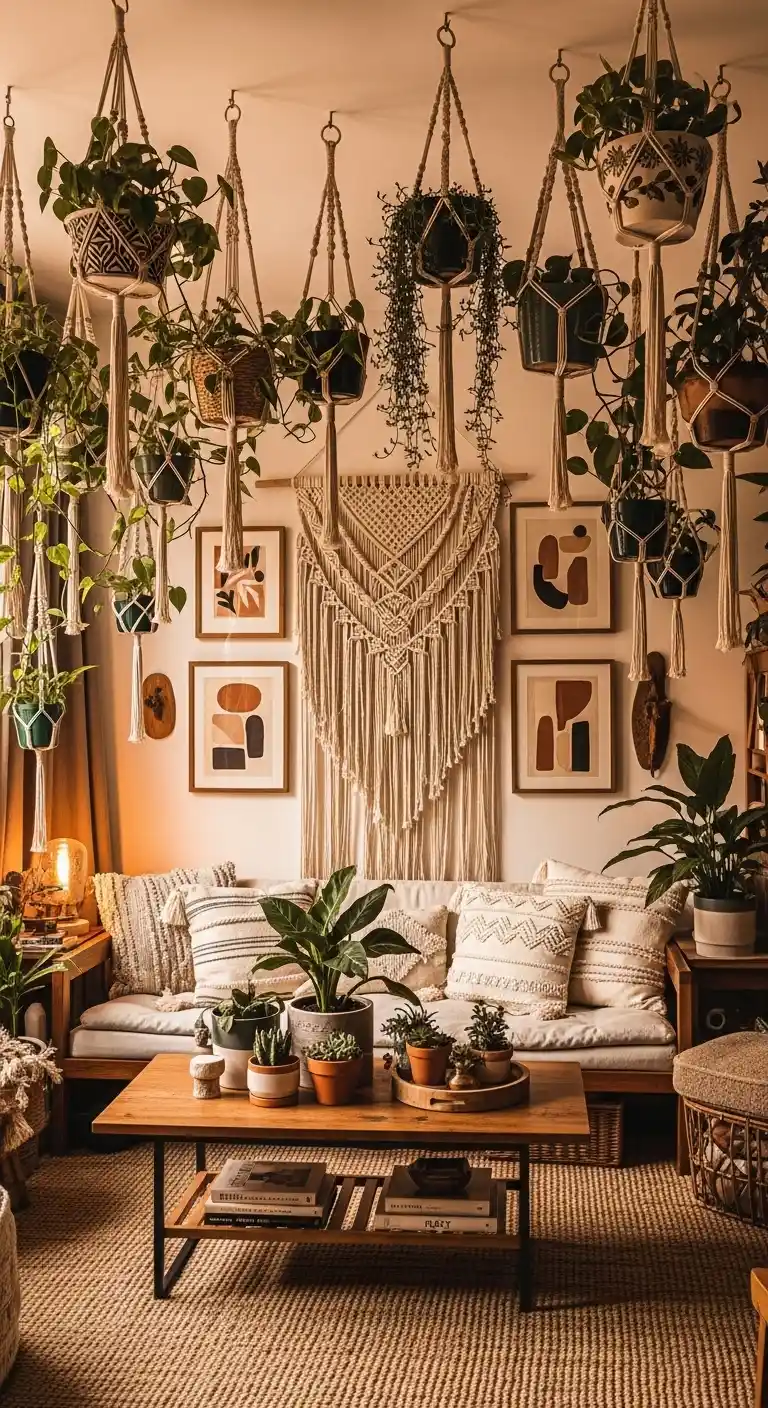 19 Best Ways to Style Boho Living Room Hanging Plants 11 10. Combine Hanging Plants with Art Pieces