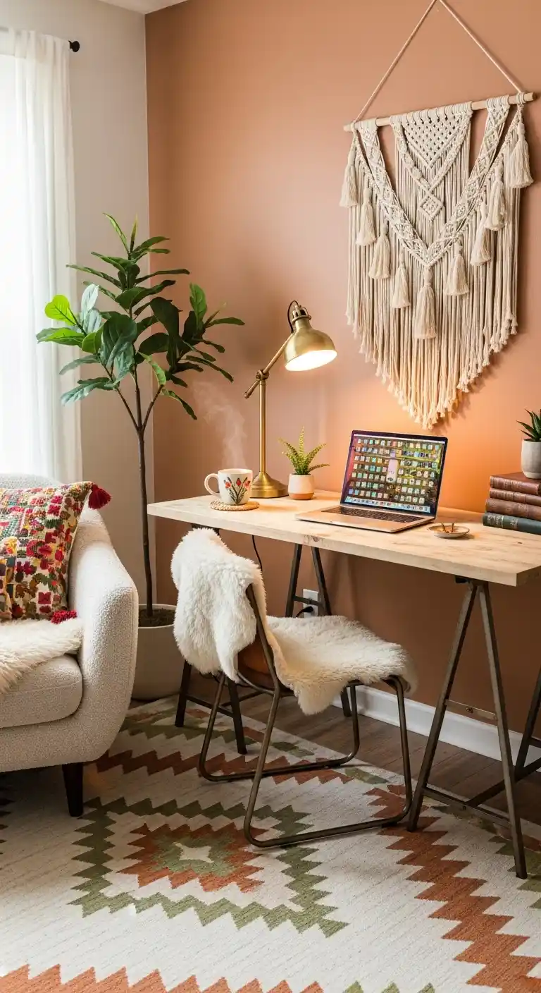 19 Stylish Boho Living Room Office Combo Setups 11 10. Cozy Corner Workspace