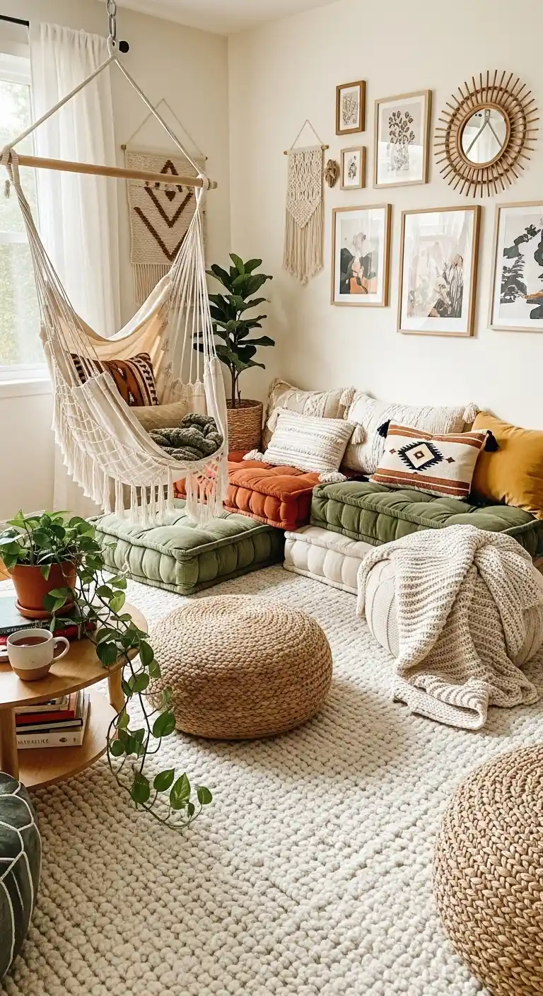 19 Cozy Boho Living Room Hammock Ideas for Relaxation 11 10. Hammock with Floor Cushion Setup