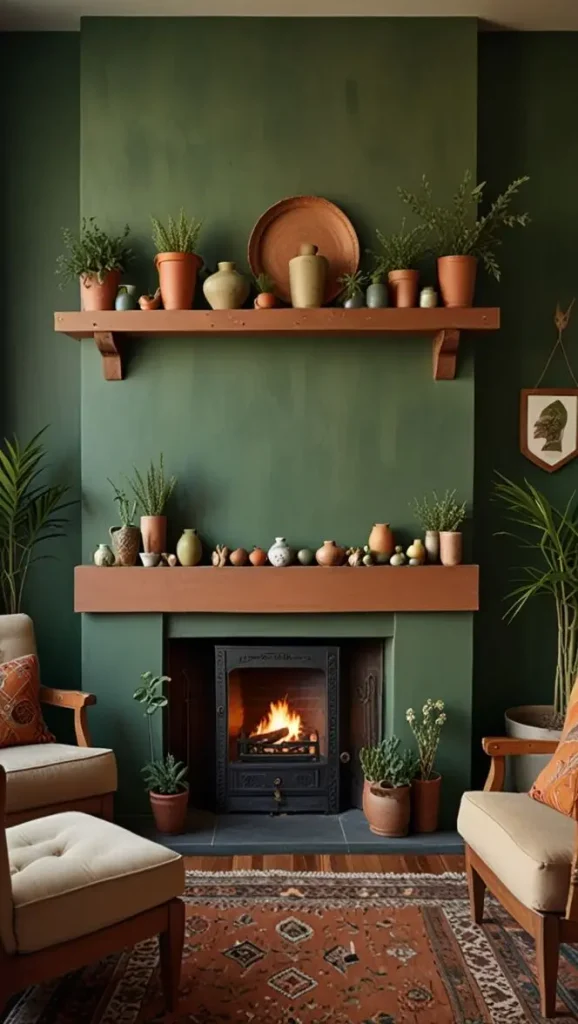19 Stunning Boho Living Room Green Accent Wall Inspirations 12 10. Highlight Your Fireplace with a Green Accent Wall