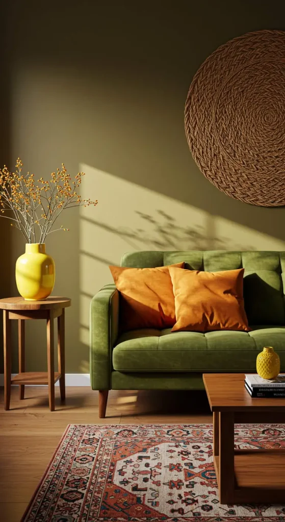 32 Vibrant Boho Living Room Olive Green Ideas for Natural Elegance 12 11. Blend Olive Green and Bold Colors