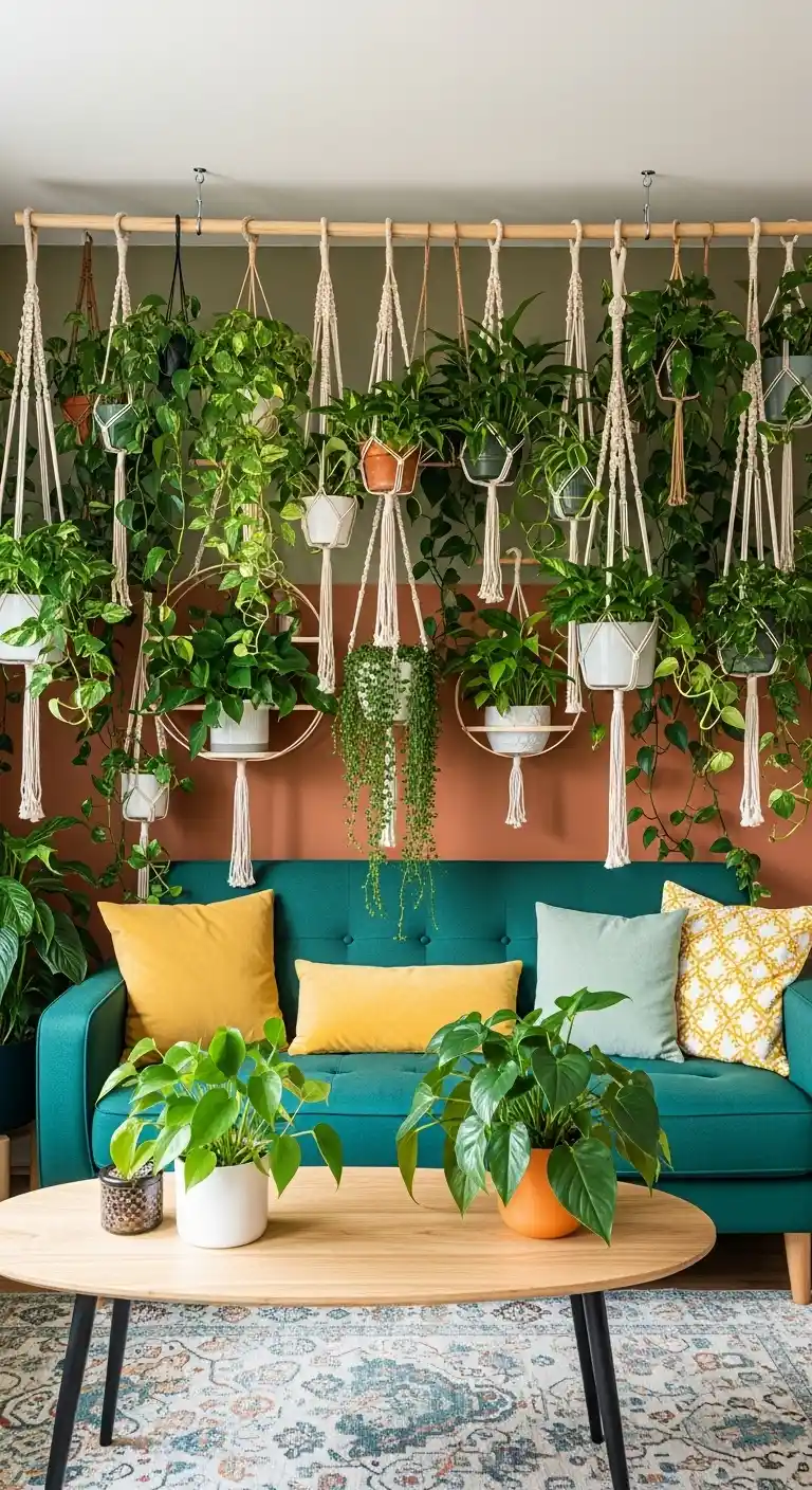 19 Best Ways to Style Boho Living Room Hanging Plants 12 11. Create a Boho Jungle Wall