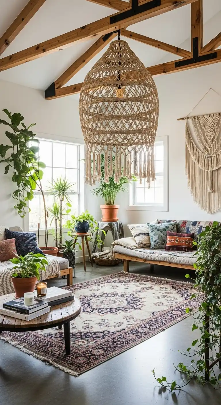 21 Creative Boho Living Room High Ceiling Ideas to Elevate Your Space 12 11. Install a Large Woven Pendant Light11. Install a Large Woven Pendant Light