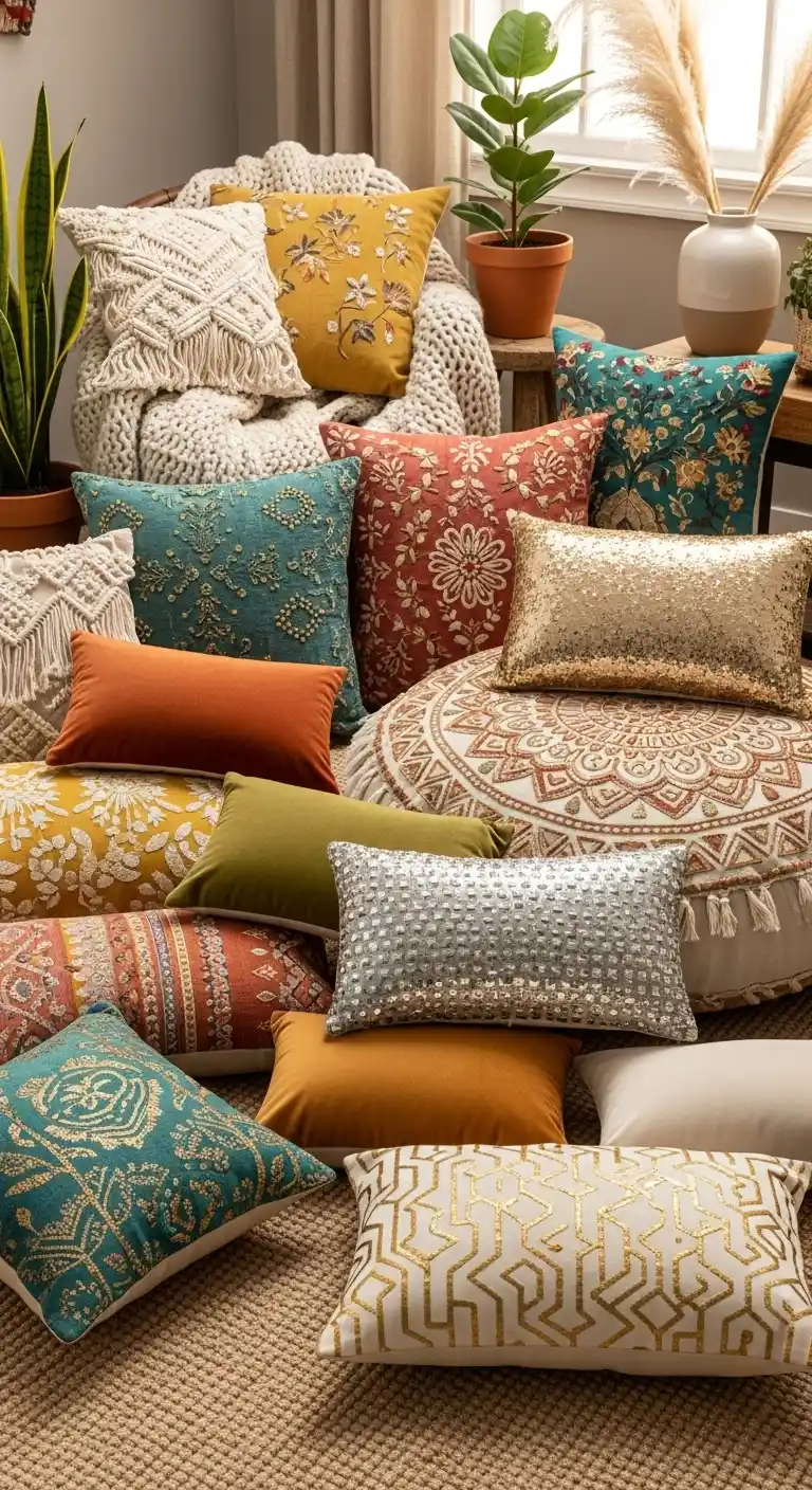 21 Cozy & Stylish Boho Living Room Pillows to Elevate Your Space 12 11. Introduce Metallic Accents