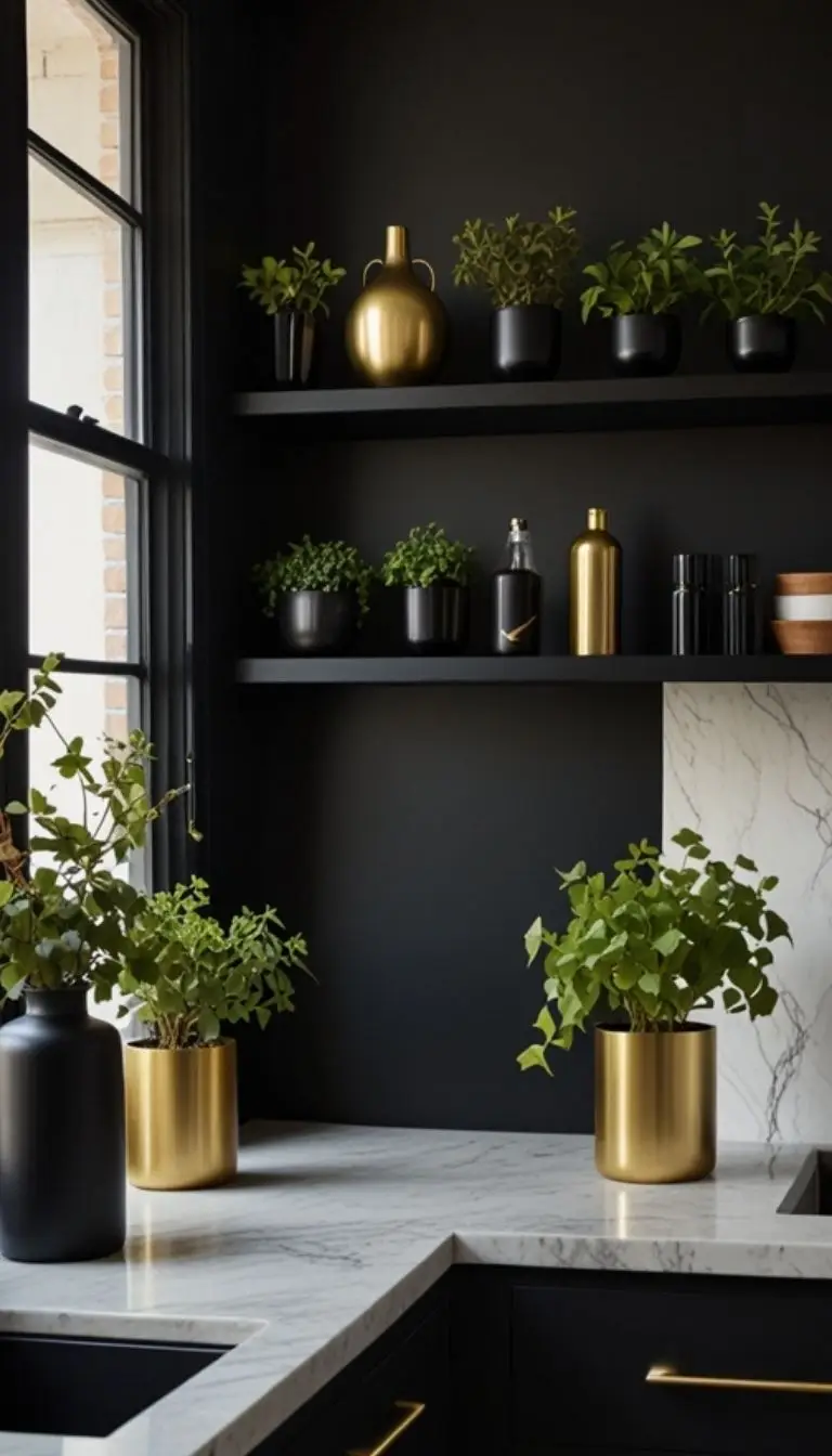 19 Stunning Boho Kitchen Black Decor Ideas for a Stylish Home 13 11. Layer Greenery With Black Accents