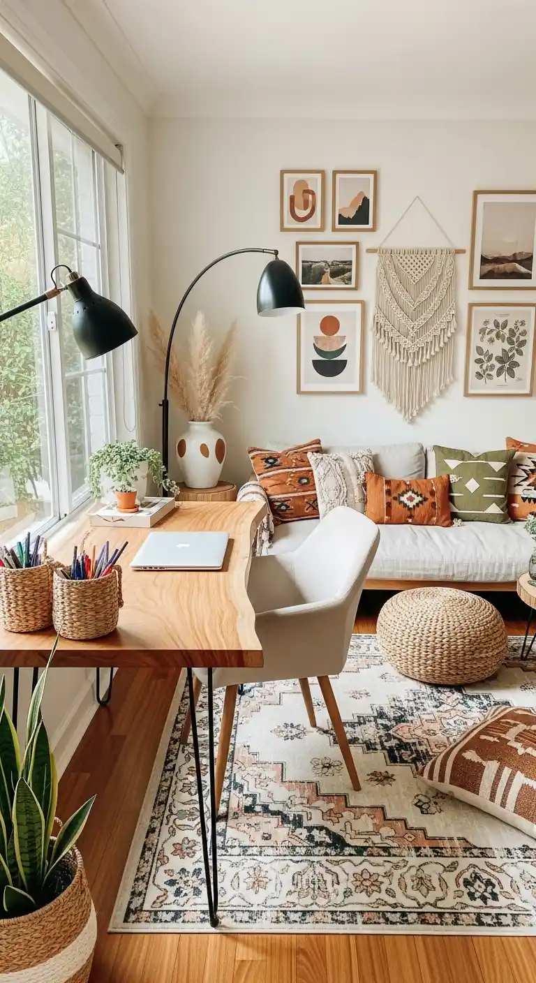 19 Stylish Boho Living Room Office Combo Setups 12 11. Mix Modern Boho Accents
