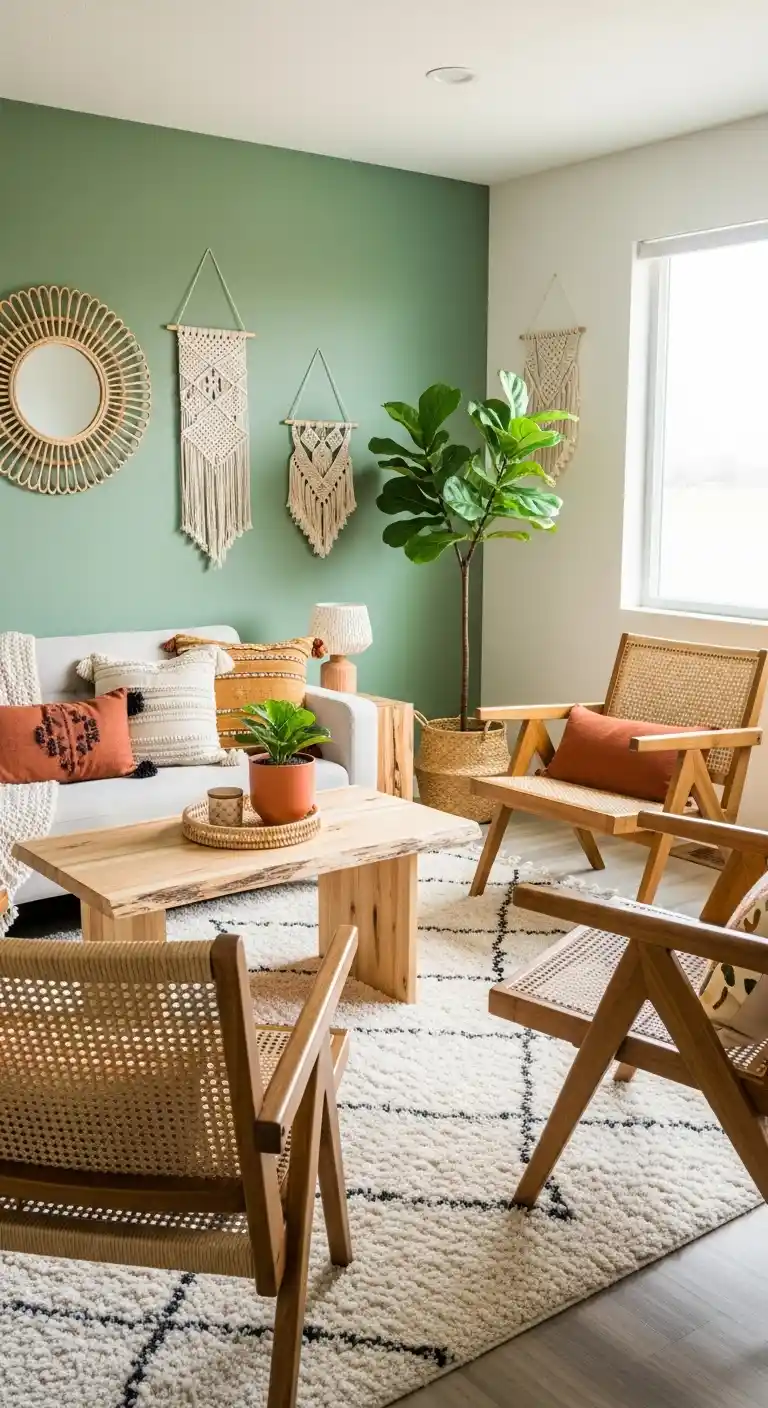 19 Stunning Boho Living Room Green Accent Wall Inspirations 13 11. Pair Green Accent Wall with Natural Wood Elements