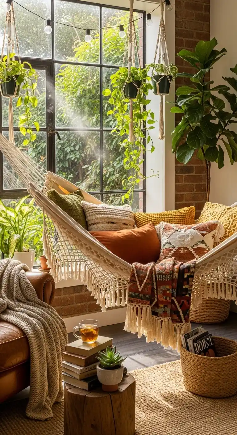 19 Cozy Boho Living Room Hammock Ideas for Relaxation 12 11. Window-Side Hammock