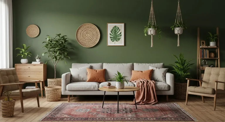 Boho Living Room Green Accent Wall