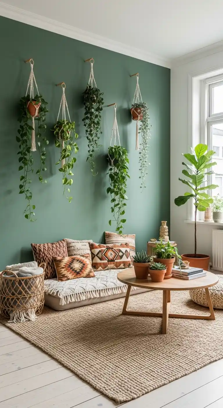 19 Stunning Boho Living Room Green Accent Wall Inspirations 14 12. Add Hanging Plants Against the Green Wall