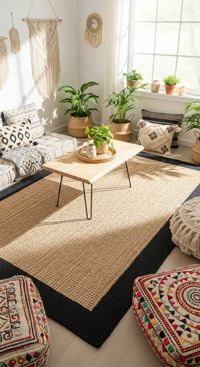 21 Best Boho Living Room Jute Rugs for a Natural Look 13 12. Black-Bordered Jute Rug