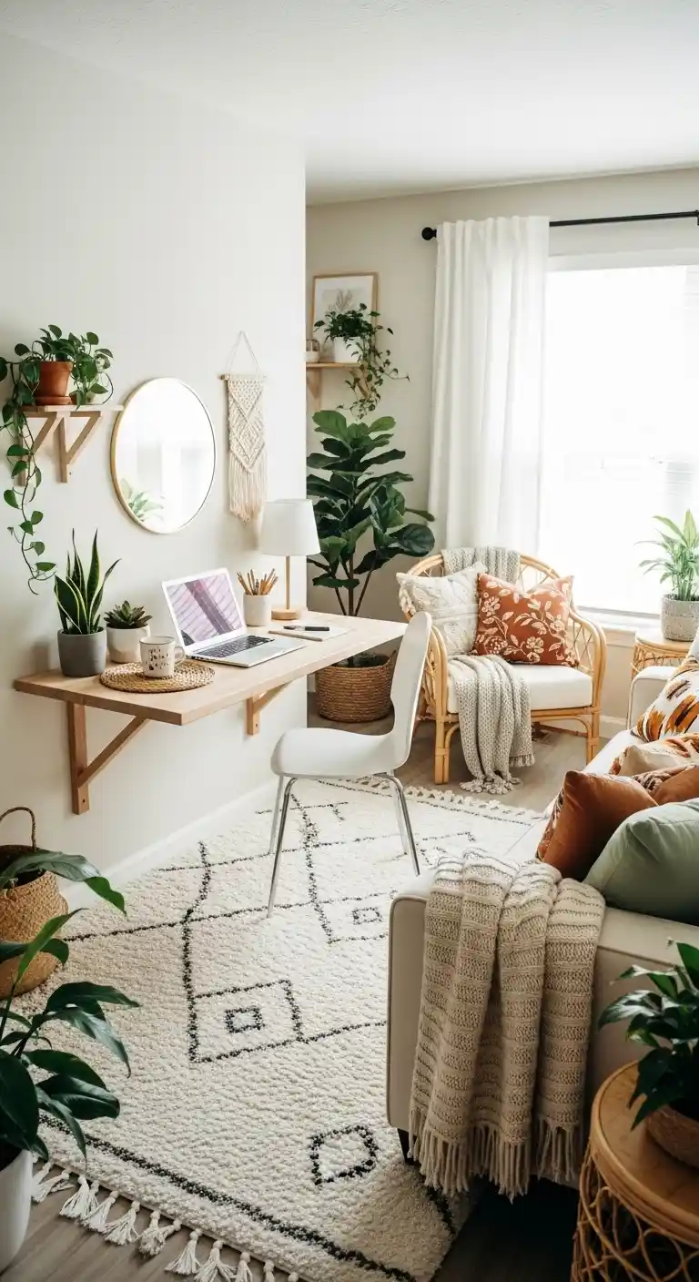 19 Stylish Boho Living Room Office Combo Setups 13 12. Floating Desk Setup