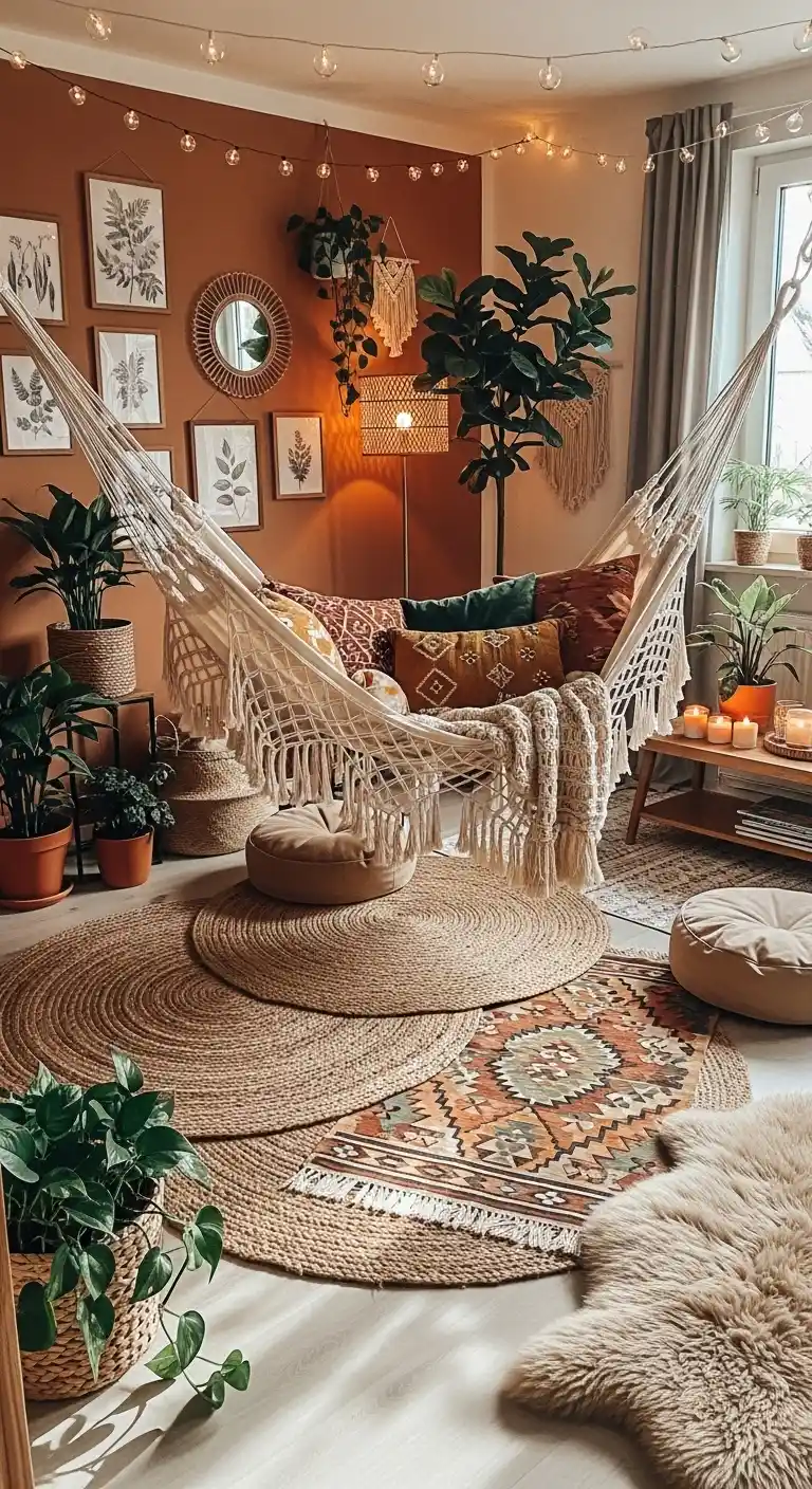 19 Cozy Boho Living Room Hammock Ideas for Relaxation 13 12. Hammock Over a Layered Rug Setup