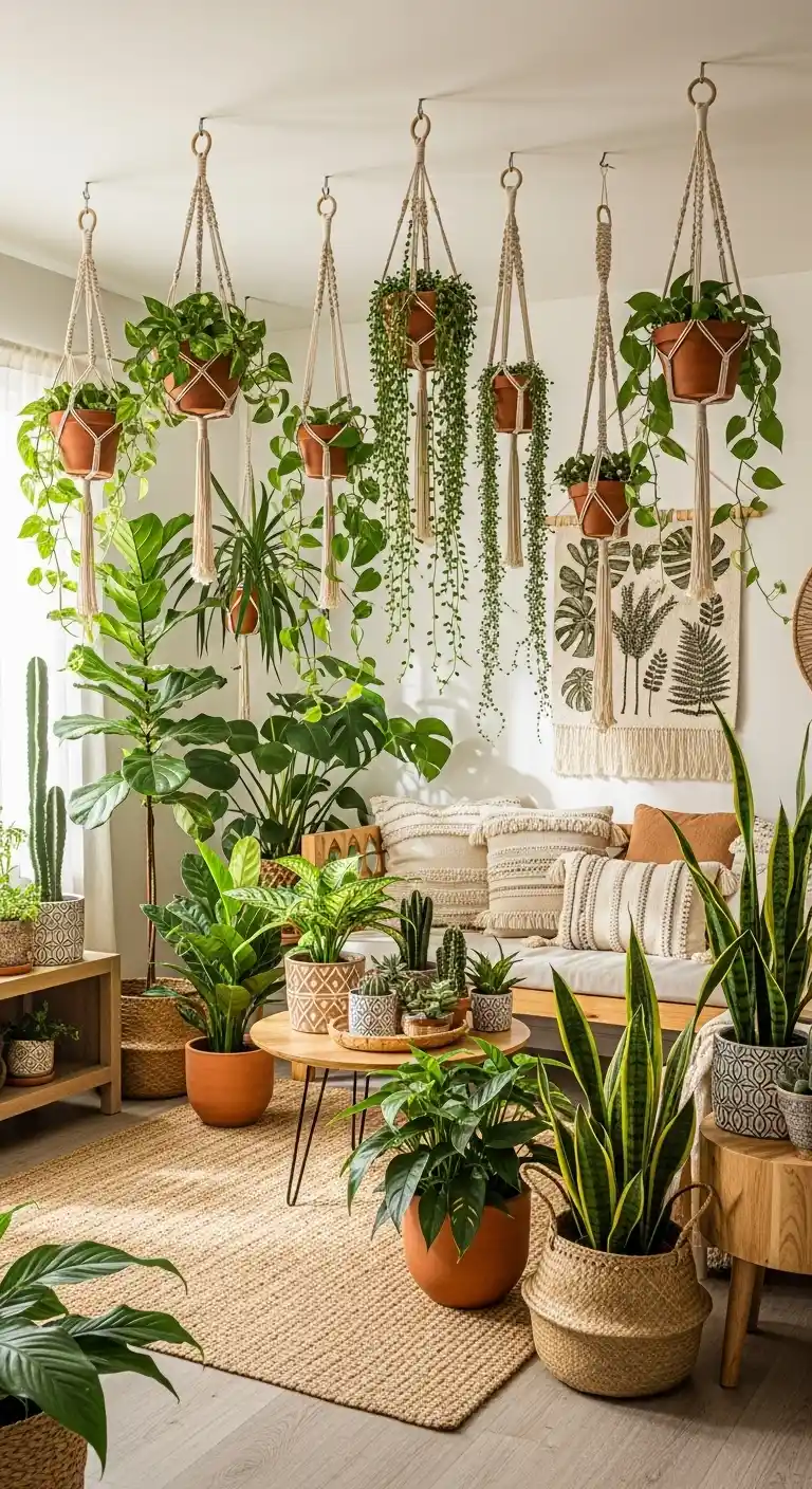 19 Best Ways to Style Boho Living Room Hanging Plants 13 12. Integrate with Floor Plants