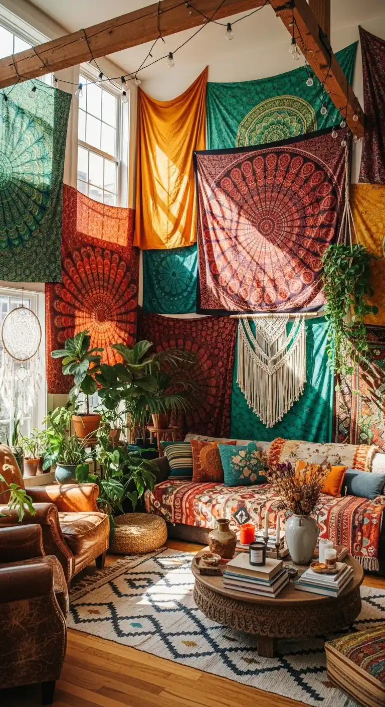 21 Creative Boho Living Room High Ceiling Ideas to Elevate Your Space 13 12. Use Colorful Tapestries to Add Warmth