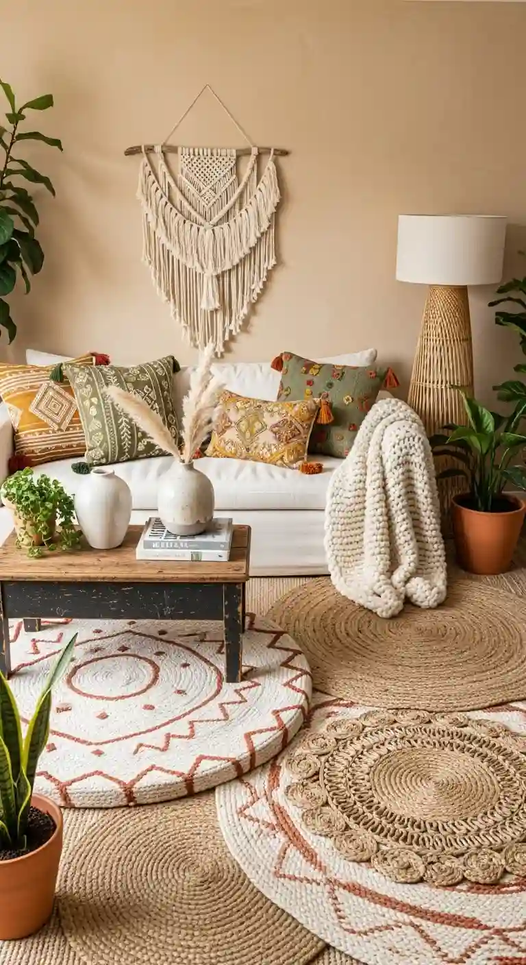 23 Comfy Boho Living Room Floor Seating Ideas for a Relaxed Space 14 12. Woven Floor Mats