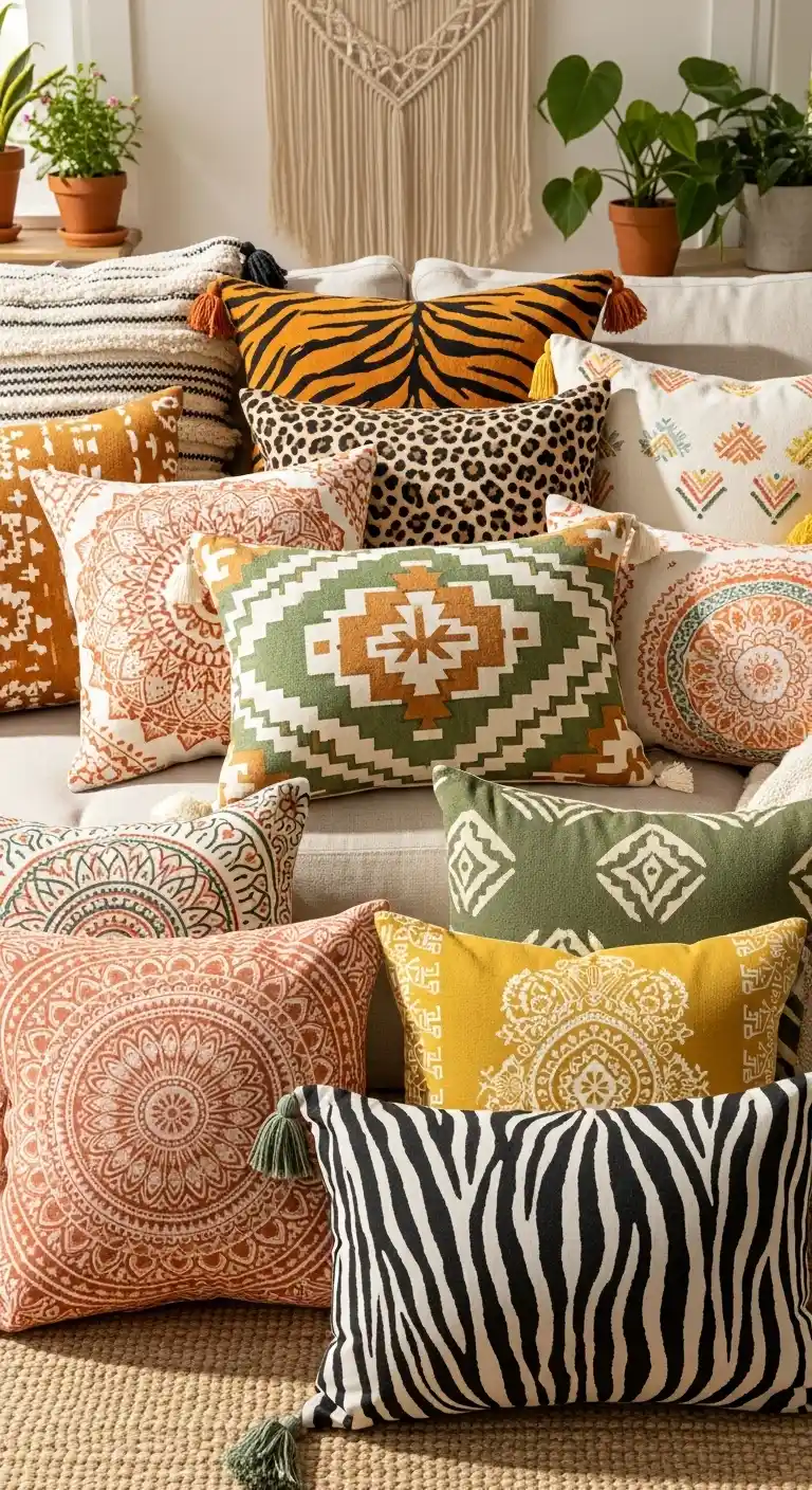 21 Cozy & Stylish Boho Living Room Pillows to Elevate Your Space 14 13. Add Animal Prints for Edge