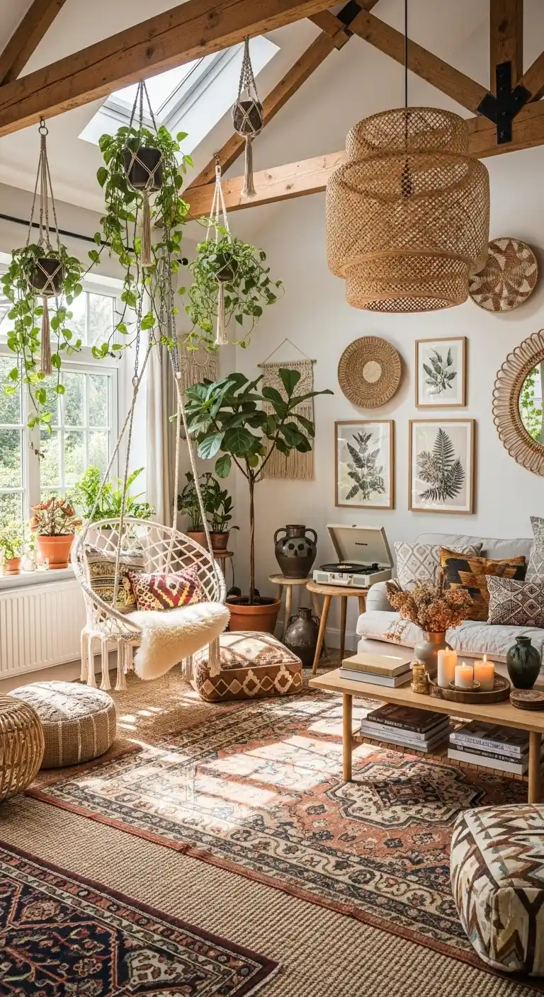 21 Creative Boho Living Room High Ceiling Ideas to Elevate Your Space 14 13. Add a Hanging Chair for a Relaxing Nook