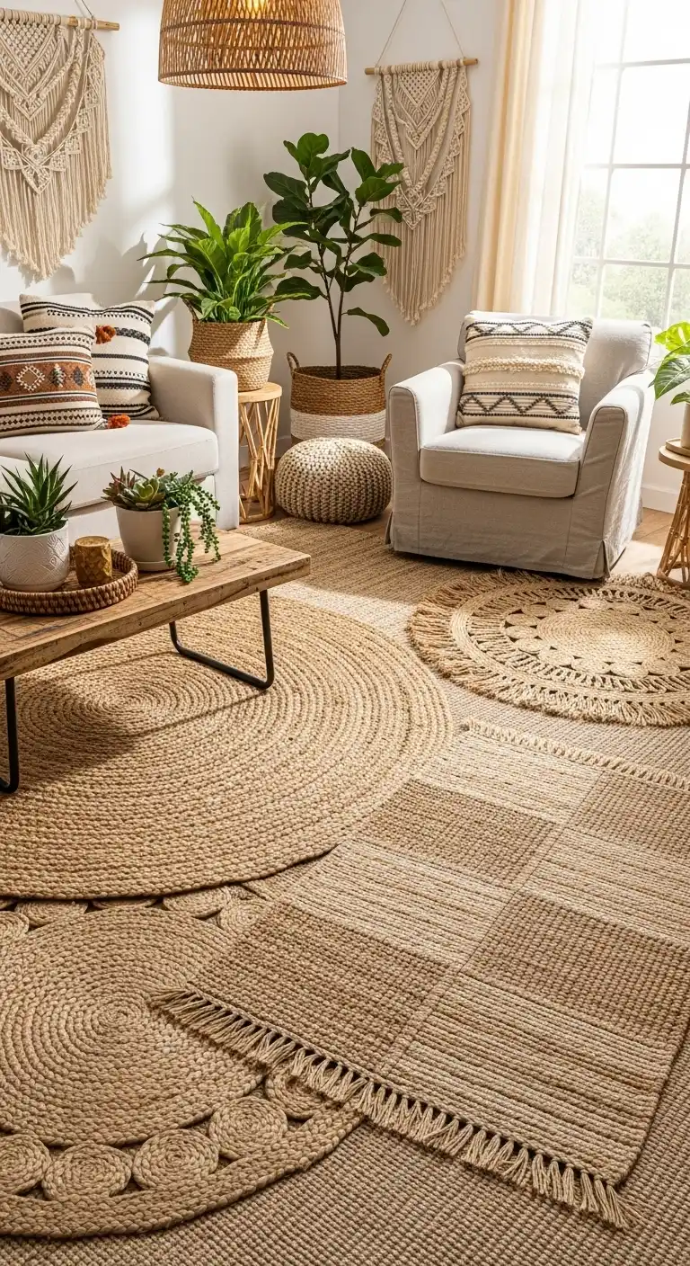 21 Best Boho Living Room Jute Rugs for a Natural Look 14 13. Boho Patchwork Jute Rug