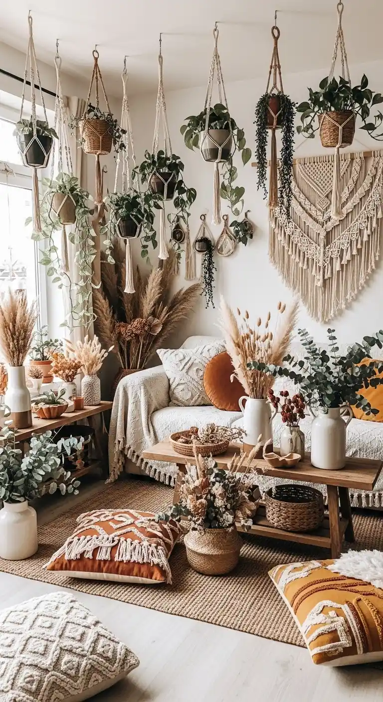 19 Best Ways to Style Boho Living Room Hanging Plants 14 13. Decorate with Dried Plants and Macramé