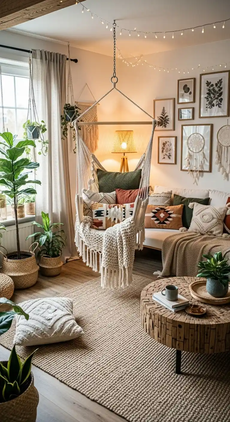 19 Cozy Boho Living Room Hammock Ideas for Relaxation 14 13. Hanging Chair Hammock