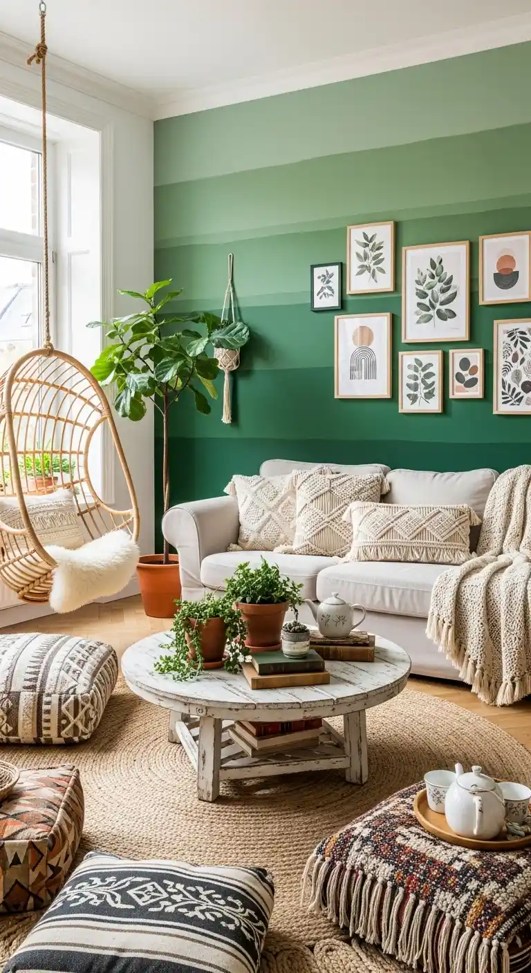 19 Stunning Boho Living Room Green Accent Wall Inspirations 15 13. Mix Multiple Shades of Green
