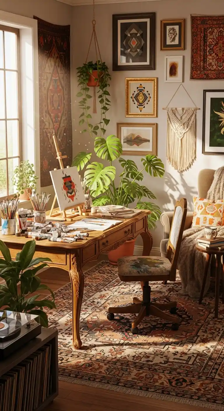 19 Stylish Boho Living Room Office Combo Setups 14 13. The Artistic Studio Corner