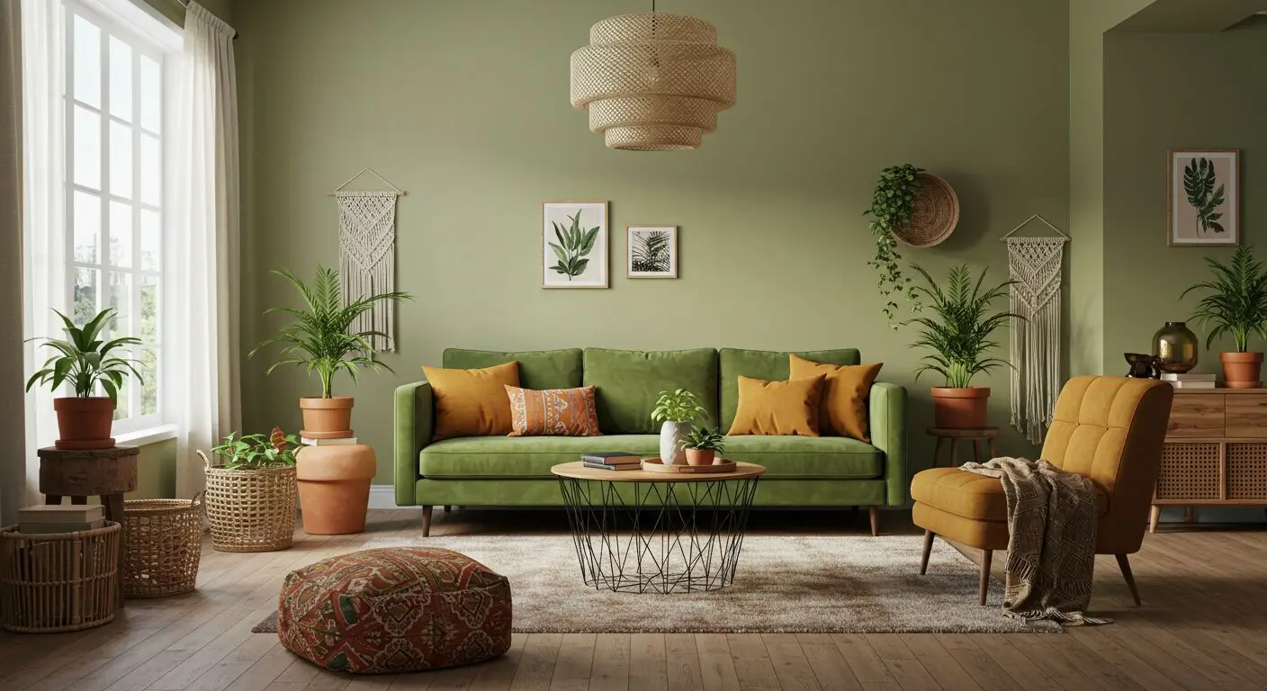 Enchant Space With 32 Boho Living Room Olive Green Ideas