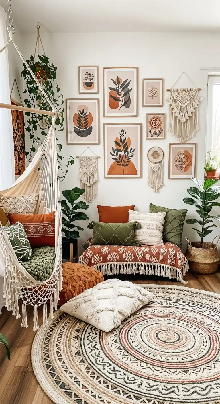 19 Cozy Boho Living Room Hammock Ideas for Relaxation 15 14. Boho Hammock with Wall Art