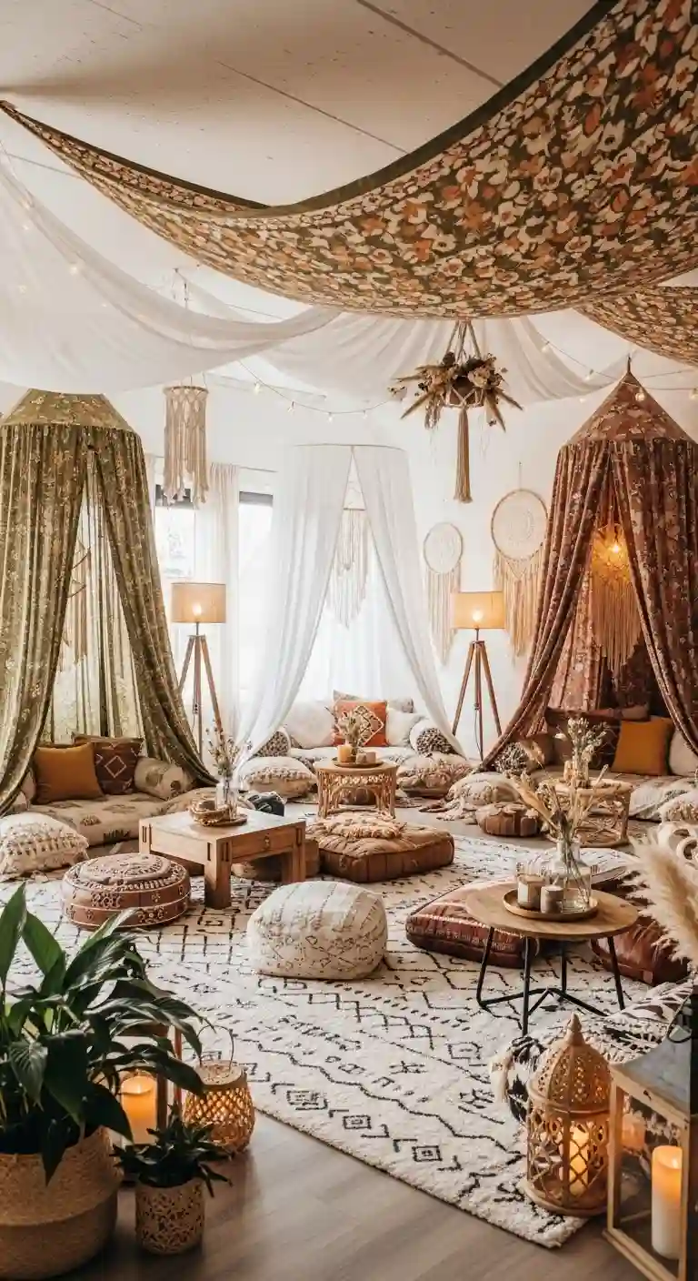 23 Comfy Boho Living Room Floor Seating Ideas for a Relaxed Space 16 14. Boho Tents and Canopy Setups