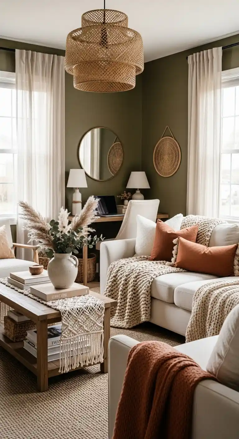 19 Stylish Boho Living Room Office Combo Setups 15 14. Earth-Toned Elegance