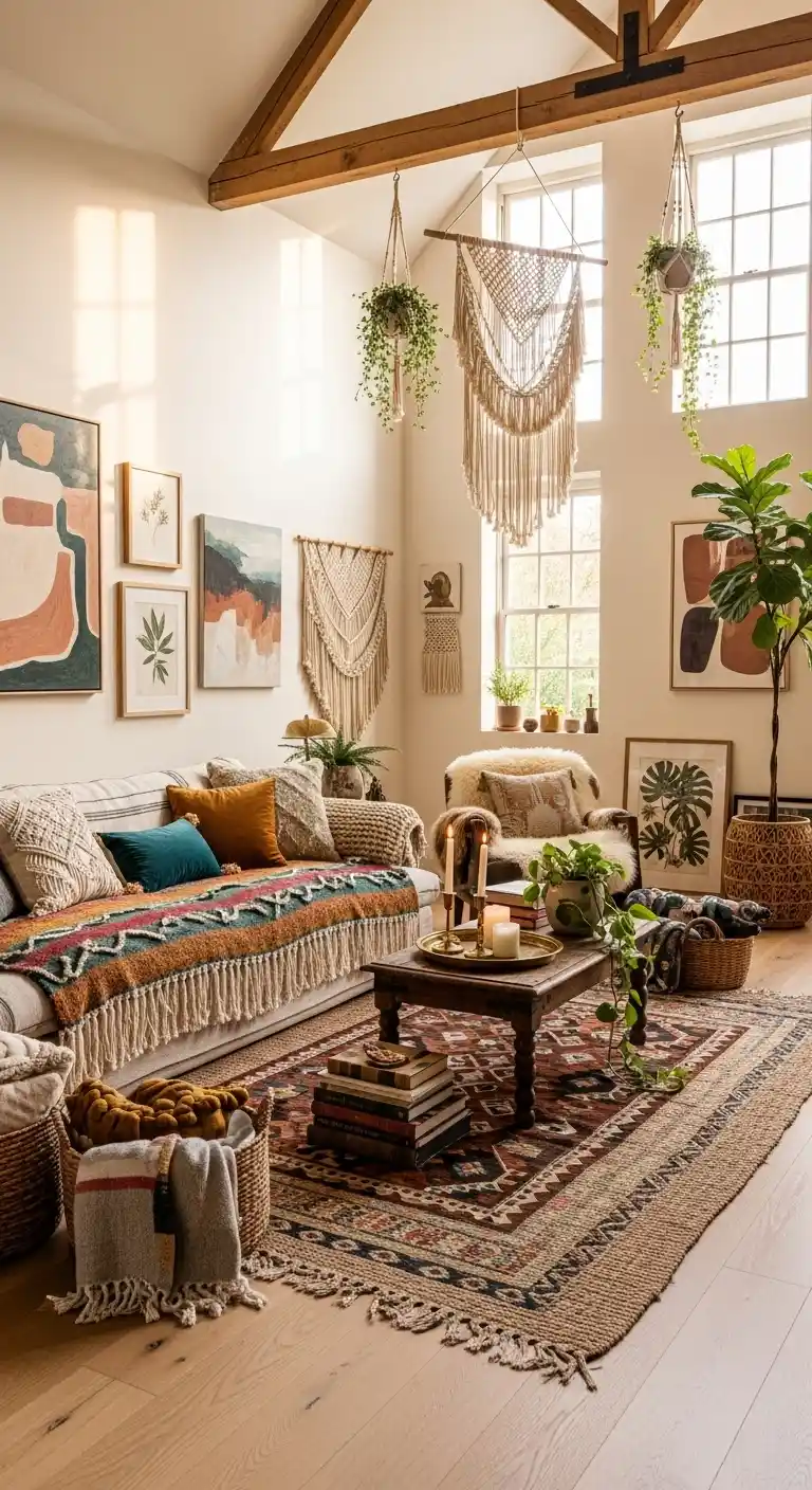 21 Creative Boho Living Room High Ceiling Ideas to Elevate Your Space 15 14. Incorporate Layered Textiles on Furniture