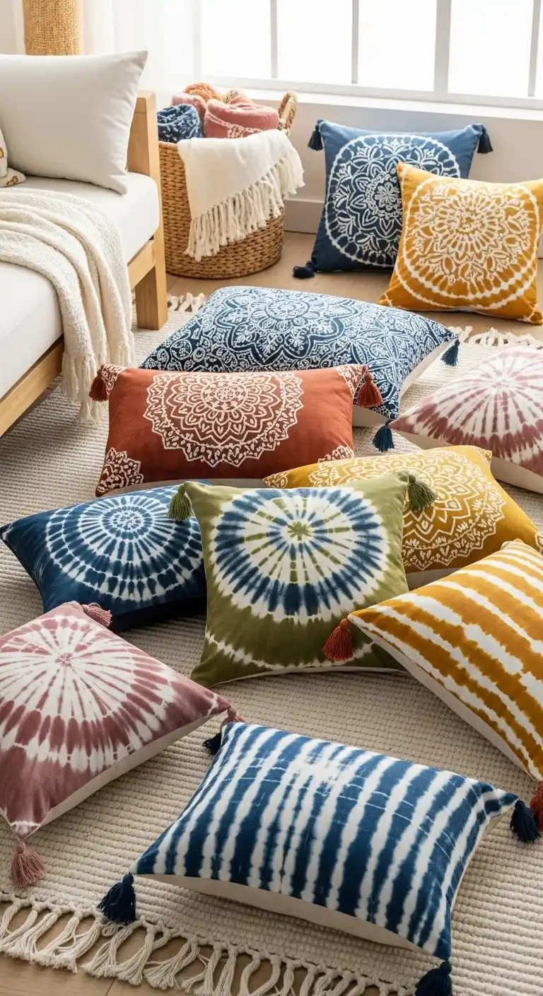 21 Cozy & Stylish Boho Living Room Pillows to Elevate Your Space 15 14. Try Tie-Dye or Batik Styles