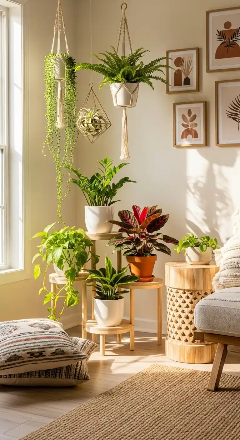 19 Best Ways to Style Boho Living Room Hanging Plants 15 14. Use Corner Plant Stands and Hangers Together