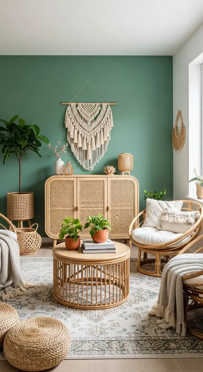 19 Stunning Boho Living Room Green Accent Wall Inspirations 16 14. Use Rattan and Cane Furniture Near the Green Wall