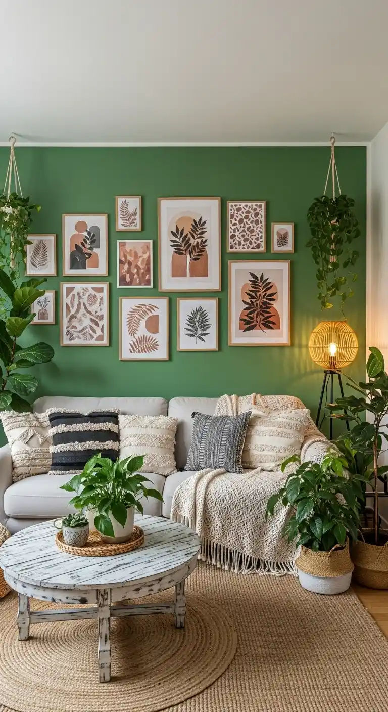 19 Stunning Boho Living Room Green Accent Wall Inspirations 17 15. Add a Gallery Wall of Boho Art