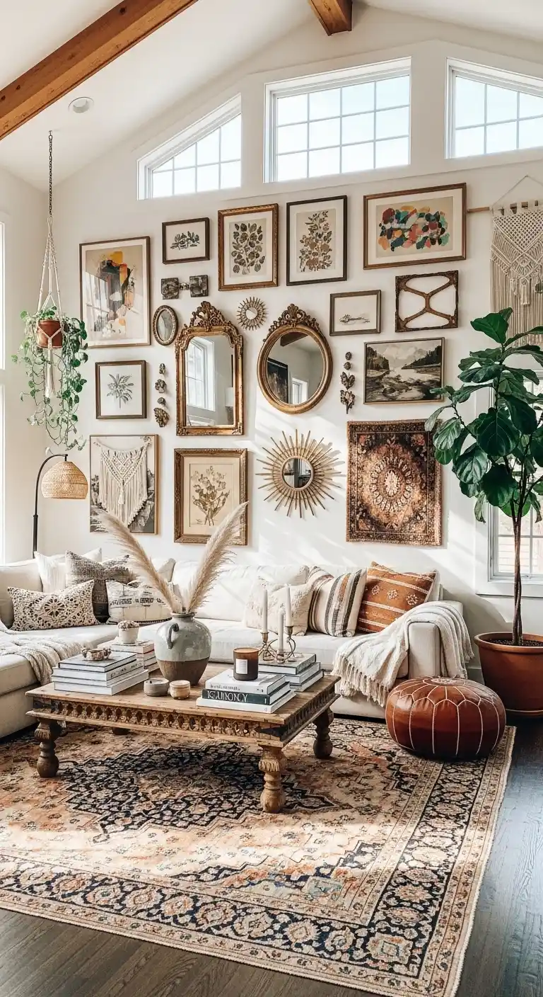 21 Creative Boho Living Room High Ceiling Ideas to Elevate Your Space 16 15. Create a Gallery Wall with Eclectic Frames
