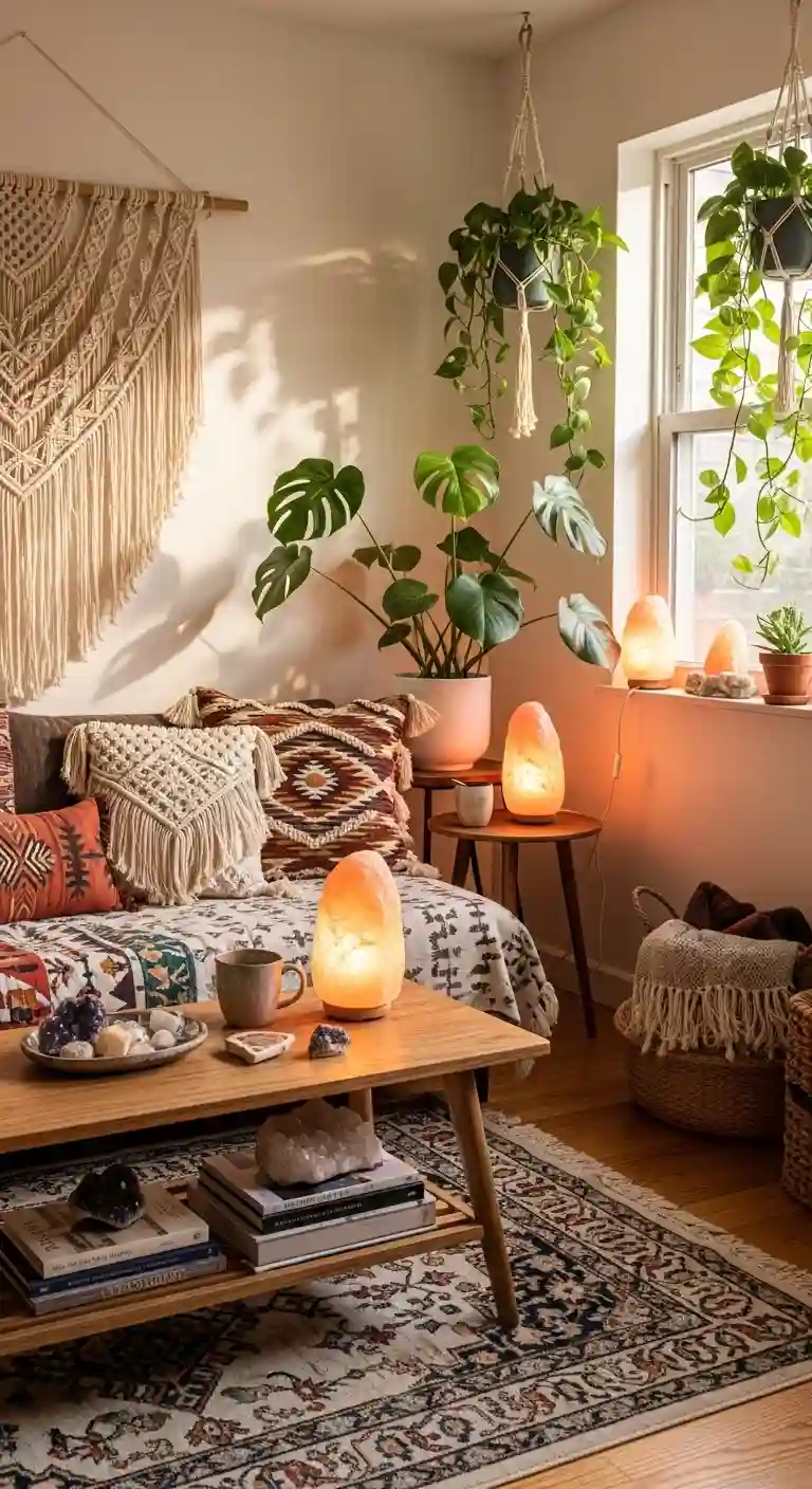 19 Best Boho Living Room Floor Lamp Styles for Warm Lighting 16 15. Crystal or Rock Salt Lamps
