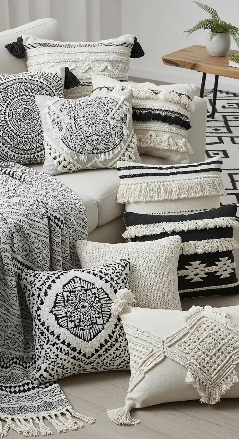 21 Cozy & Stylish Boho Living Room Pillows to Elevate Your Space 16 15. Go Monochrome Boho