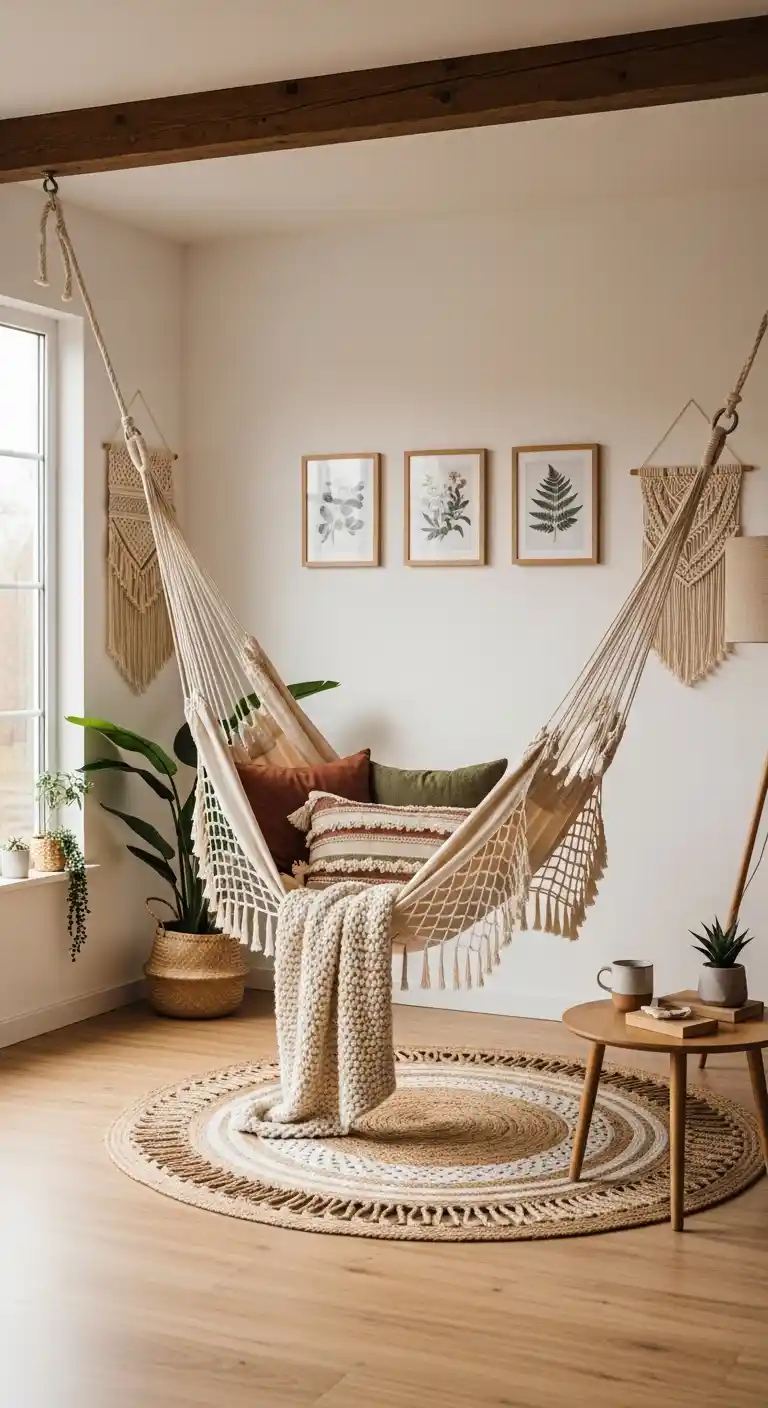 19 Cozy Boho Living Room Hammock Ideas for Relaxation 16 15. Minimalist Boho Hammock