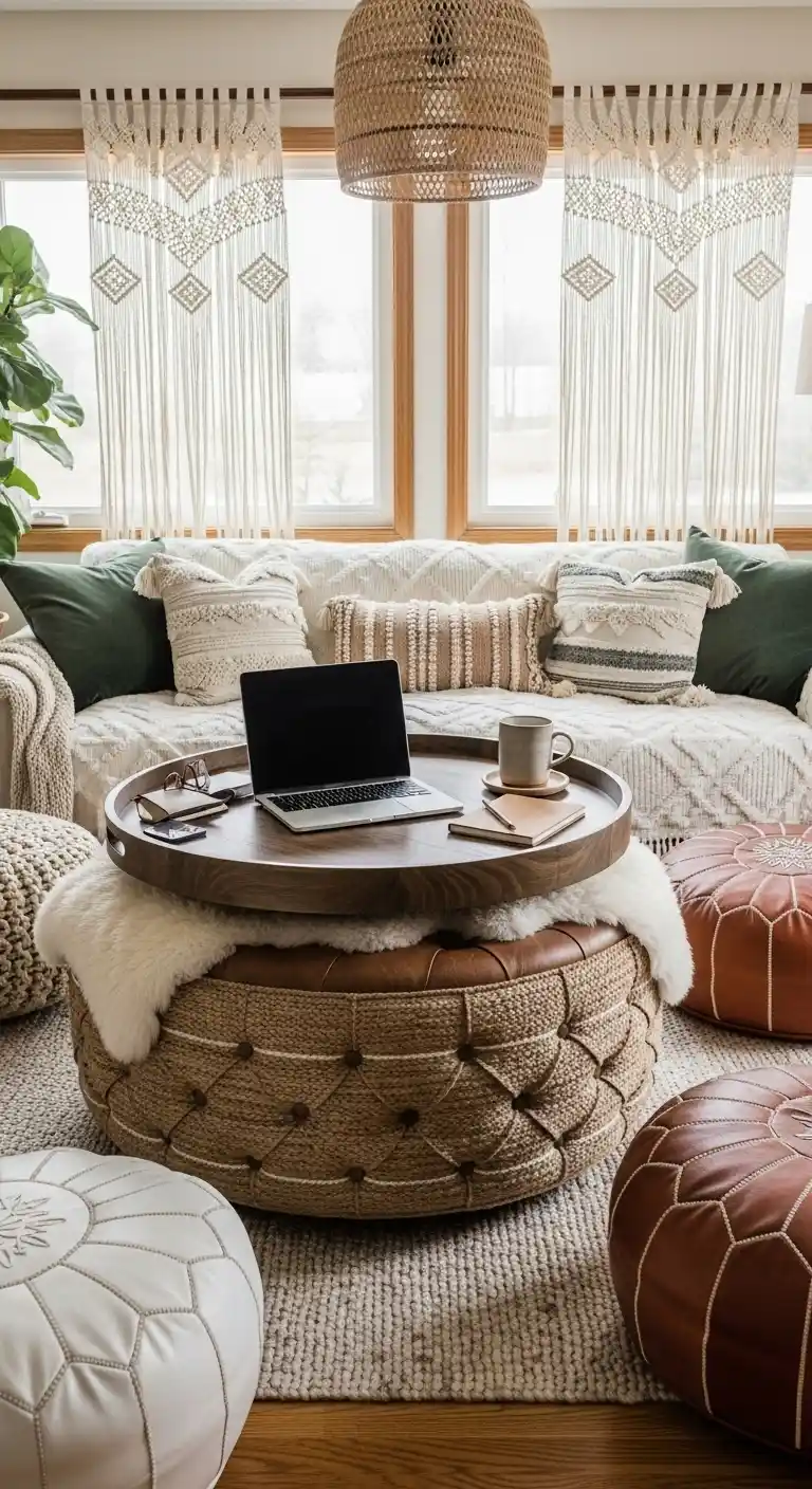 19 Stylish Boho Living Room Office Combo Setups 16 15. Multi-Purpose Ottoman Desk