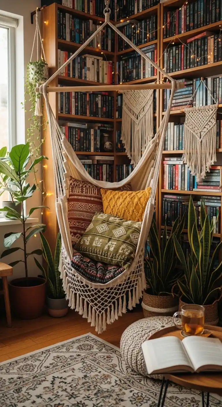 19 Cozy Boho Living Room Hammock Ideas for Relaxation 17 16. Hammock Surrounded by Books